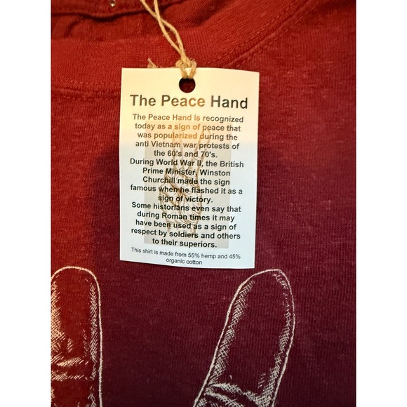 Green Twine Mens Hemp Organic Cotton Peace Hand Graphic T-Shirt Maroon Large NEW - Picture 3 of 5